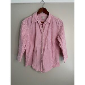 LL Bean Seersucker Shirt Womens Medium Red White Striped EUC‎ 3/4 Sleeve Cotton